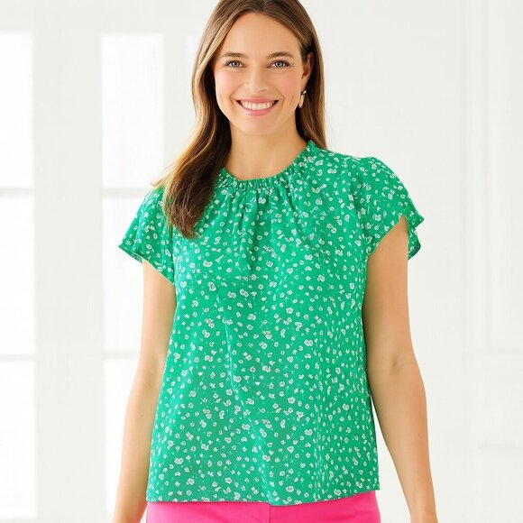 Alice Blue Green Daisy Floral High Neck Blouse Small Preppy Retro Cottagecore - Picture 1 of 7